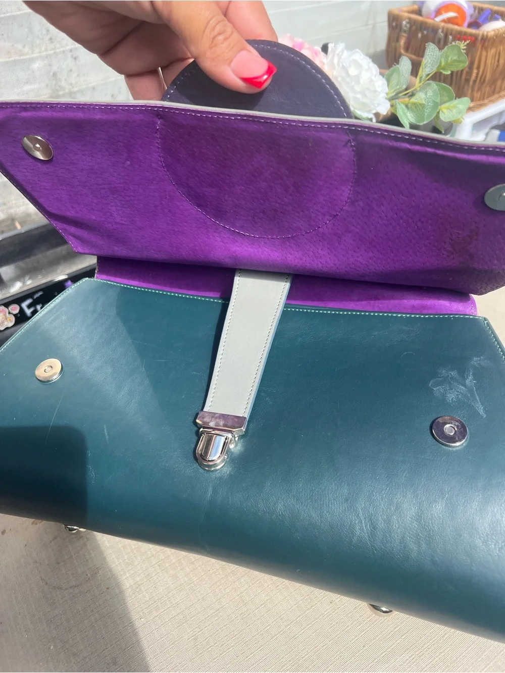 Grey Leather Tote with Purple Accent